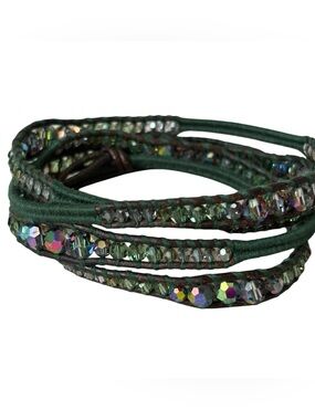 Chan Luu Beaded Green Leather Wrap Bracelet 925 Crystal Boho